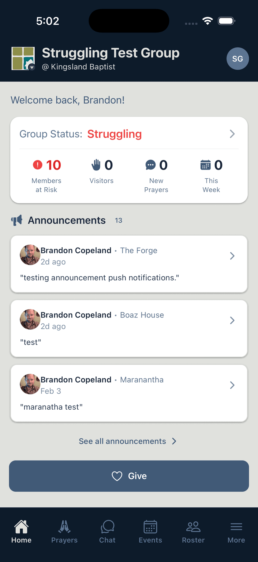 Flock home dashboard showing group overview