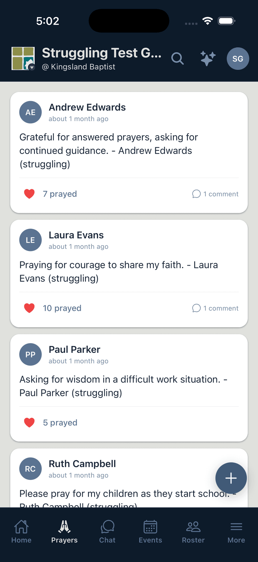 Prayer wall with active prayer requests