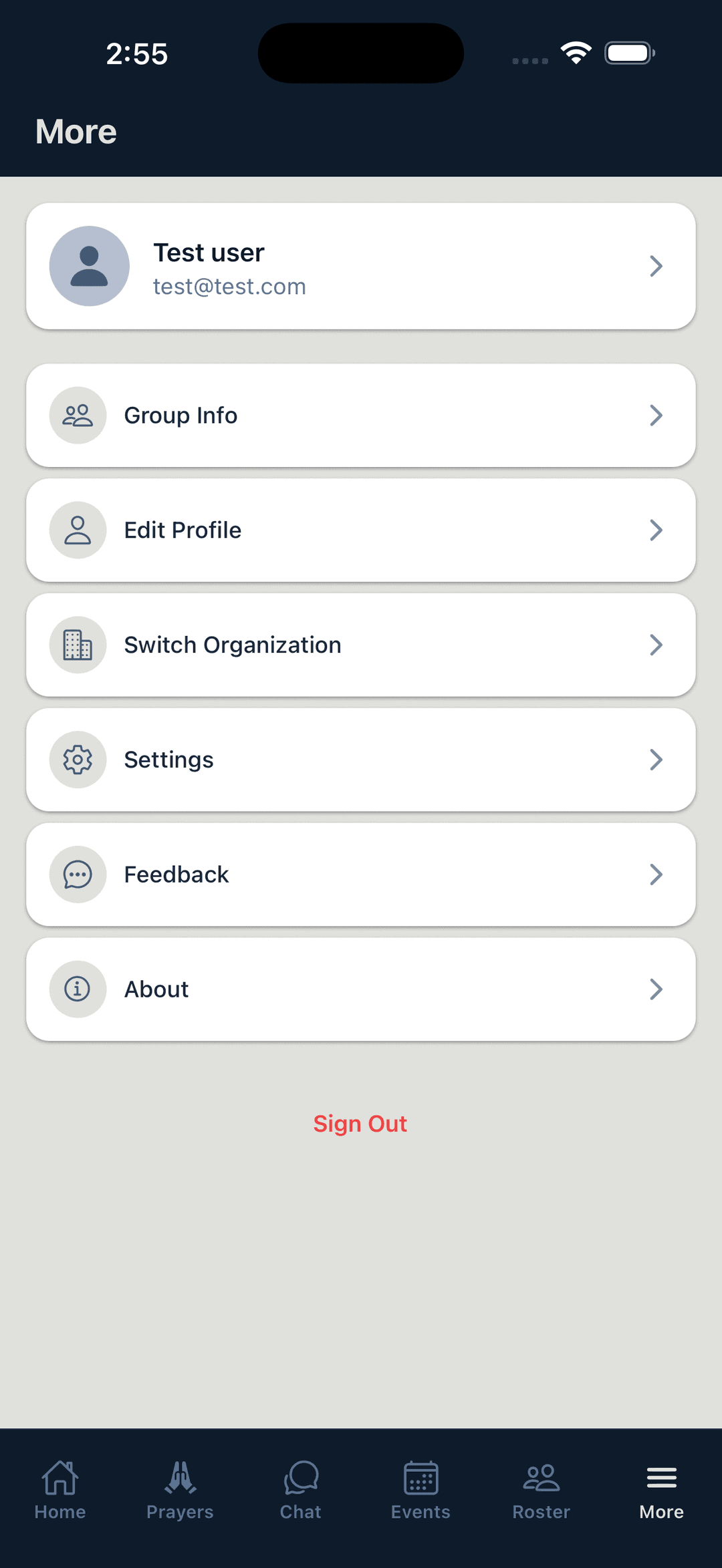 Flock app More menu showing Settings option