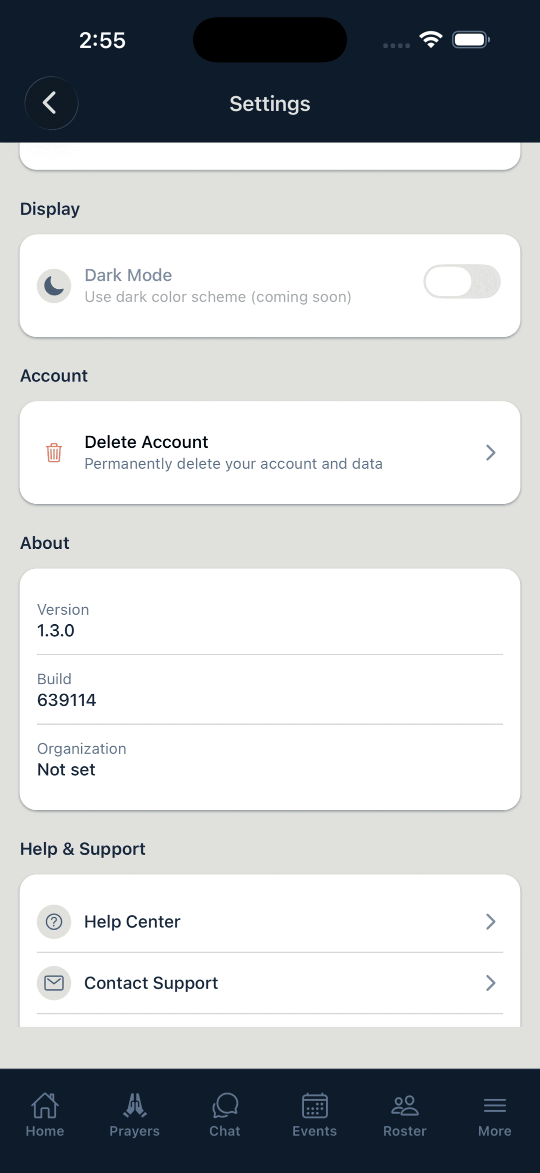 Flock app Settings page showing Delete Account option under Account section