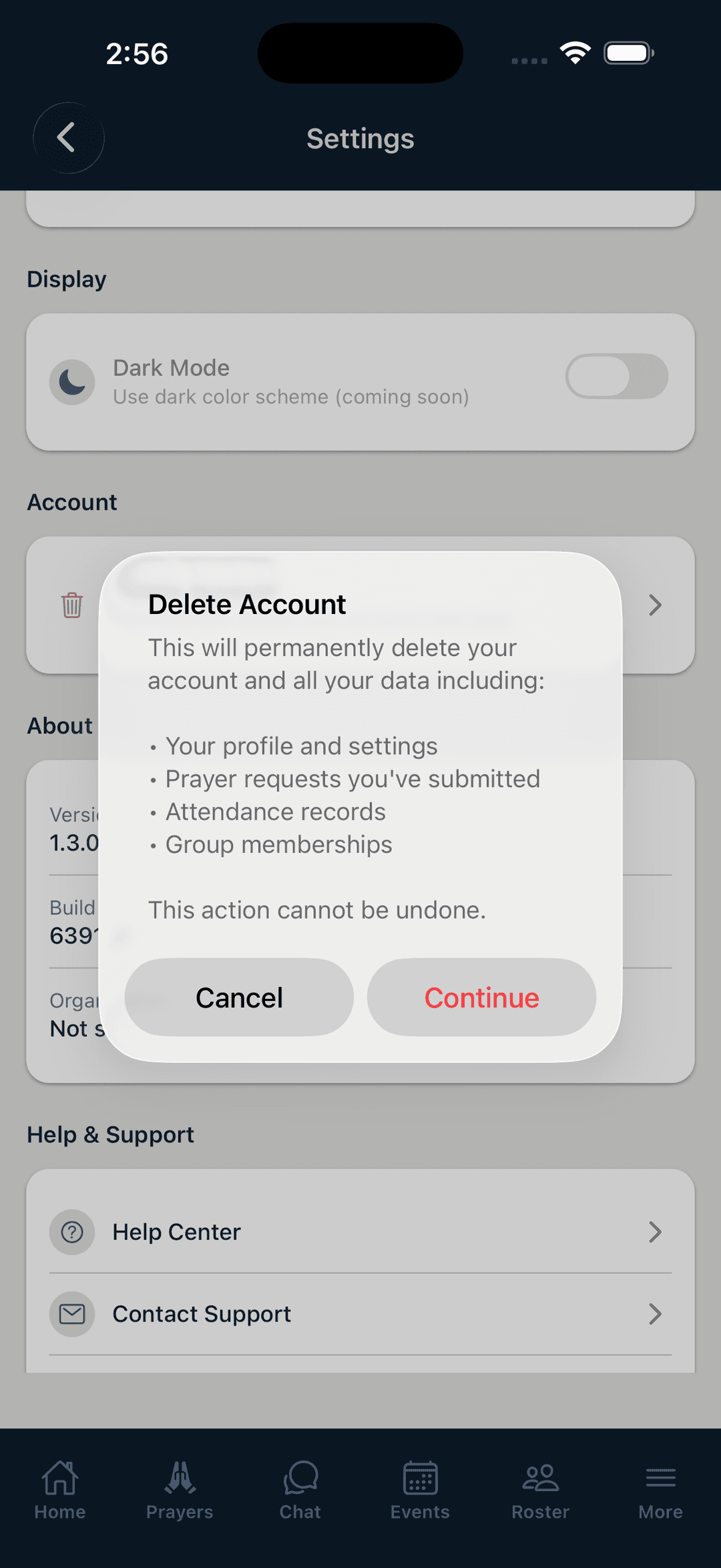 Delete Account warning dialog listing data that will be deleted