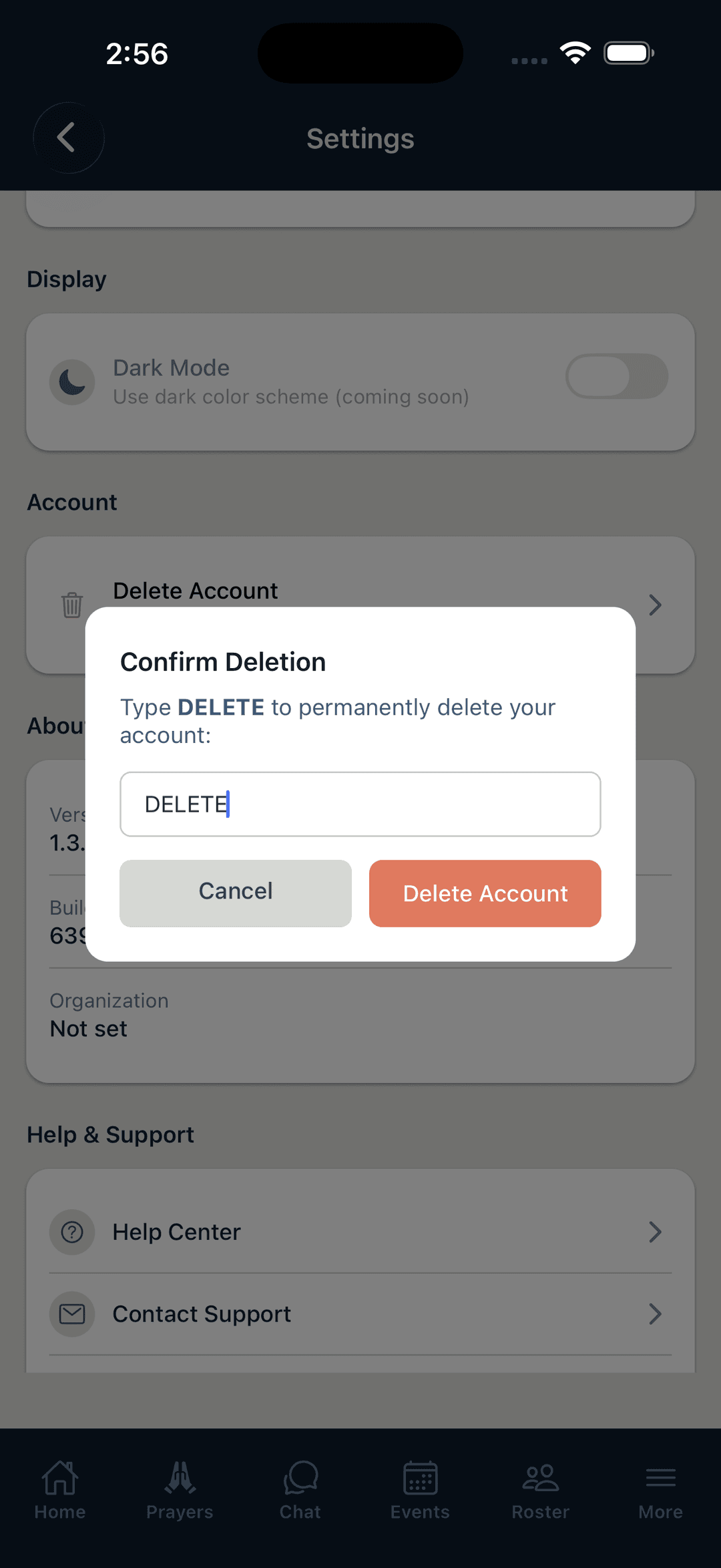 Confirm Deletion dialog with DELETE typed in the input field