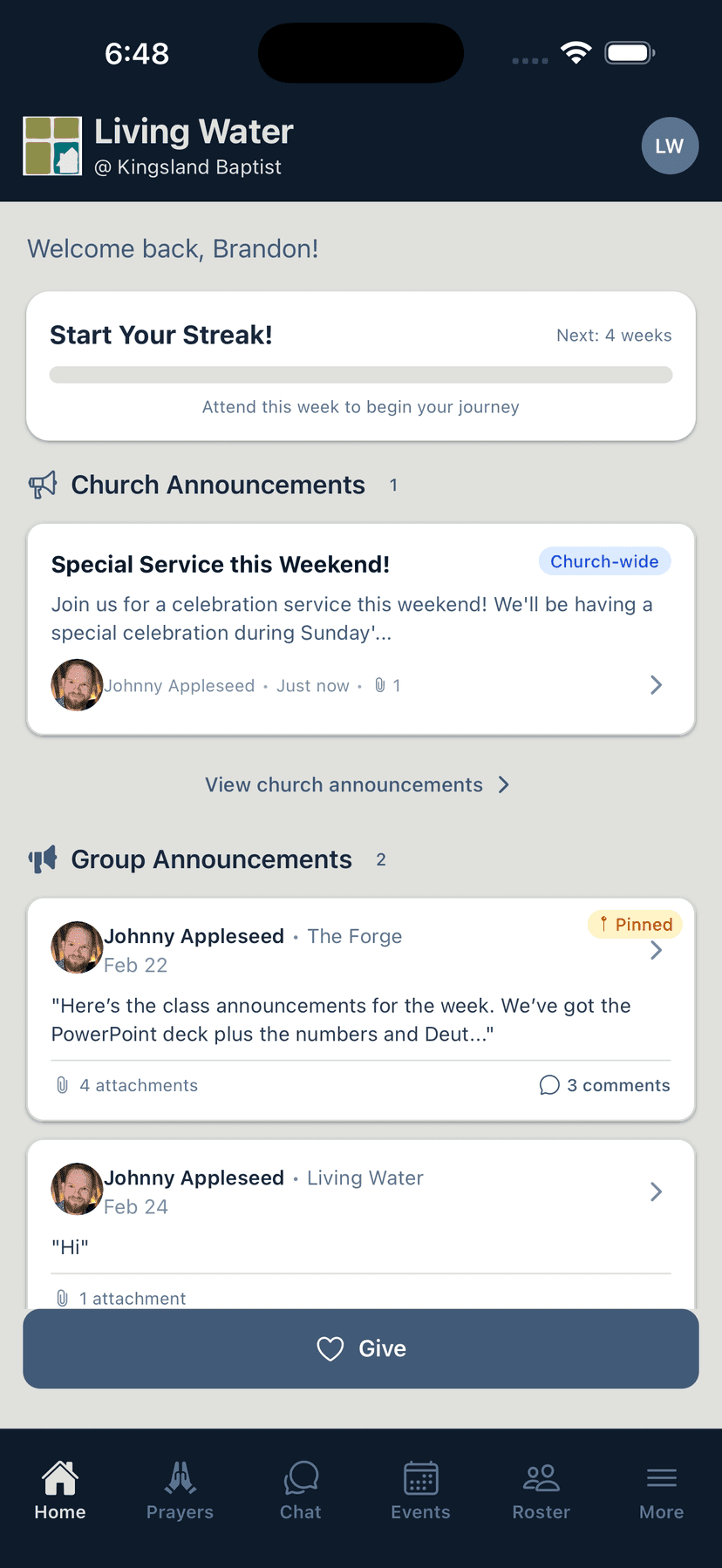 Flock announcement feed showing recent church updates