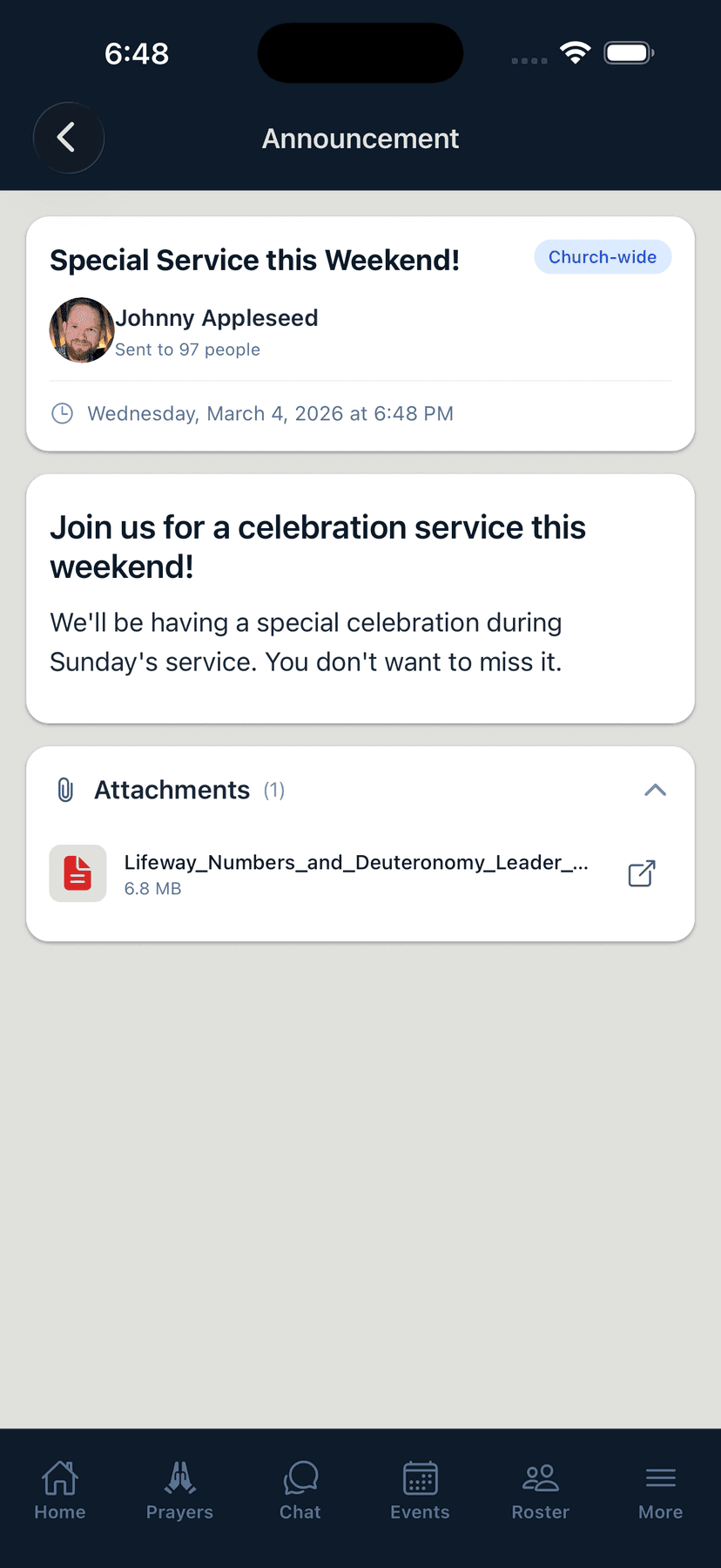 Church-wide announcement with push notification preview