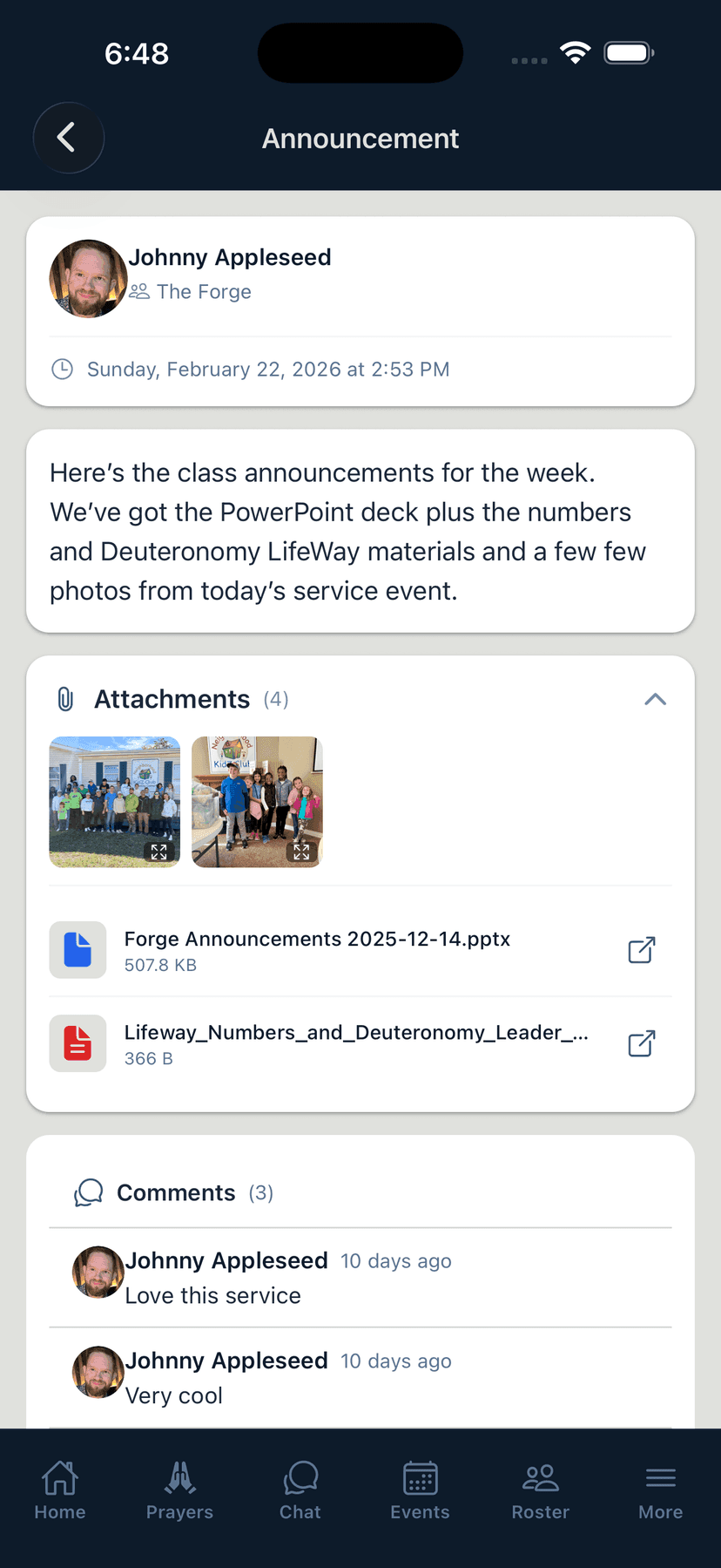 Group announcement with file attachments and comments