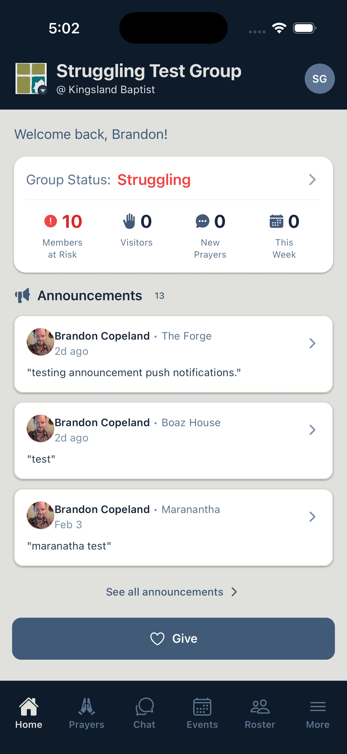 Flock home screen with group dashboard
