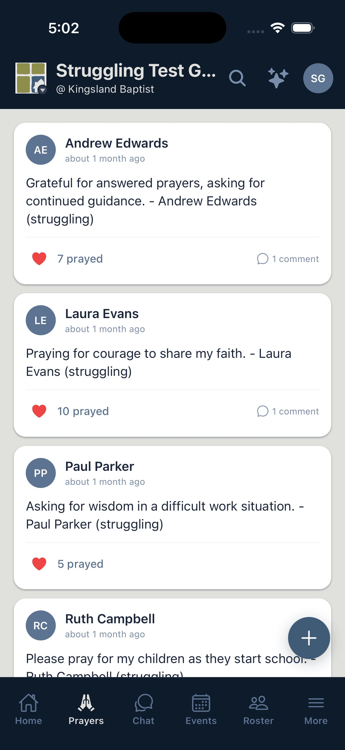 Flock prayer wall showing group prayer requests