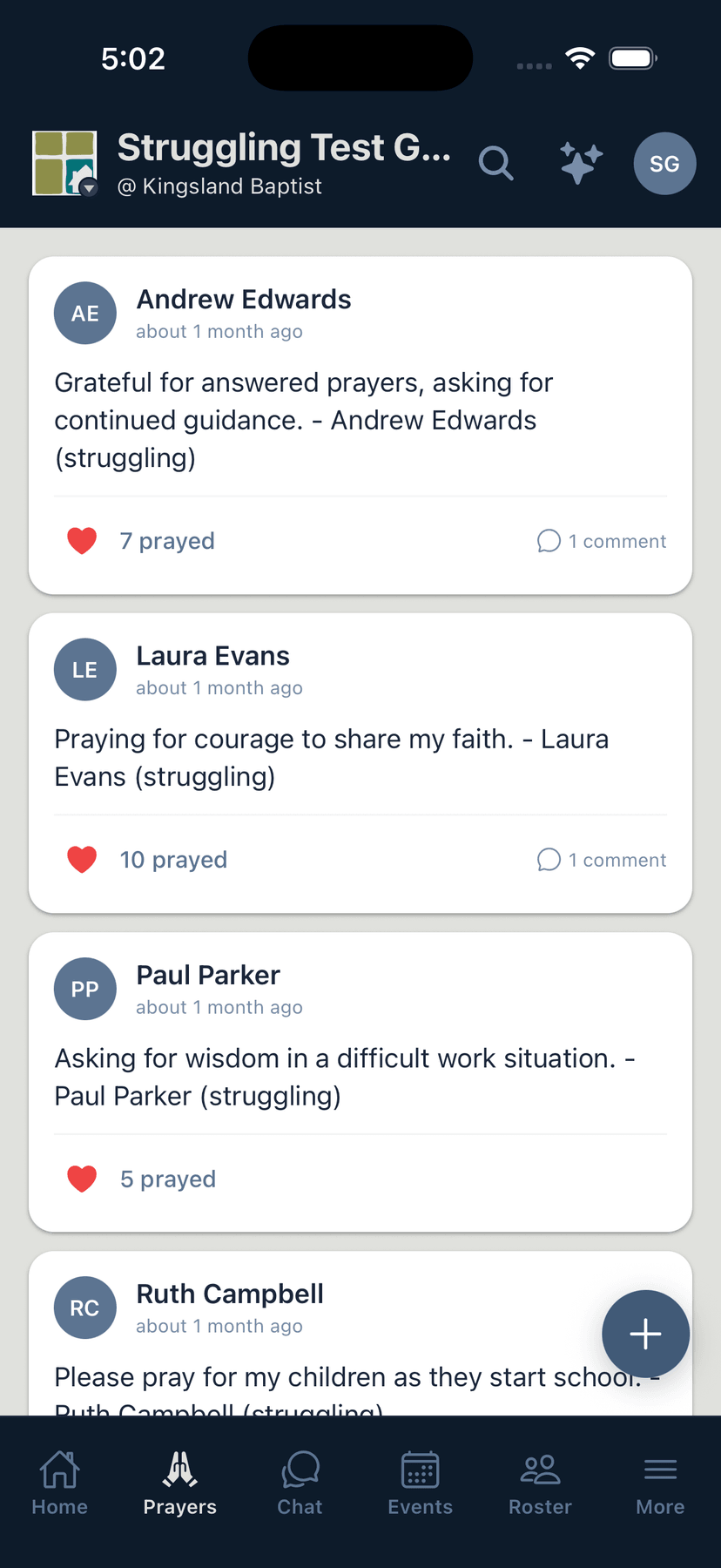 Flock prayer wall showing group prayer requests